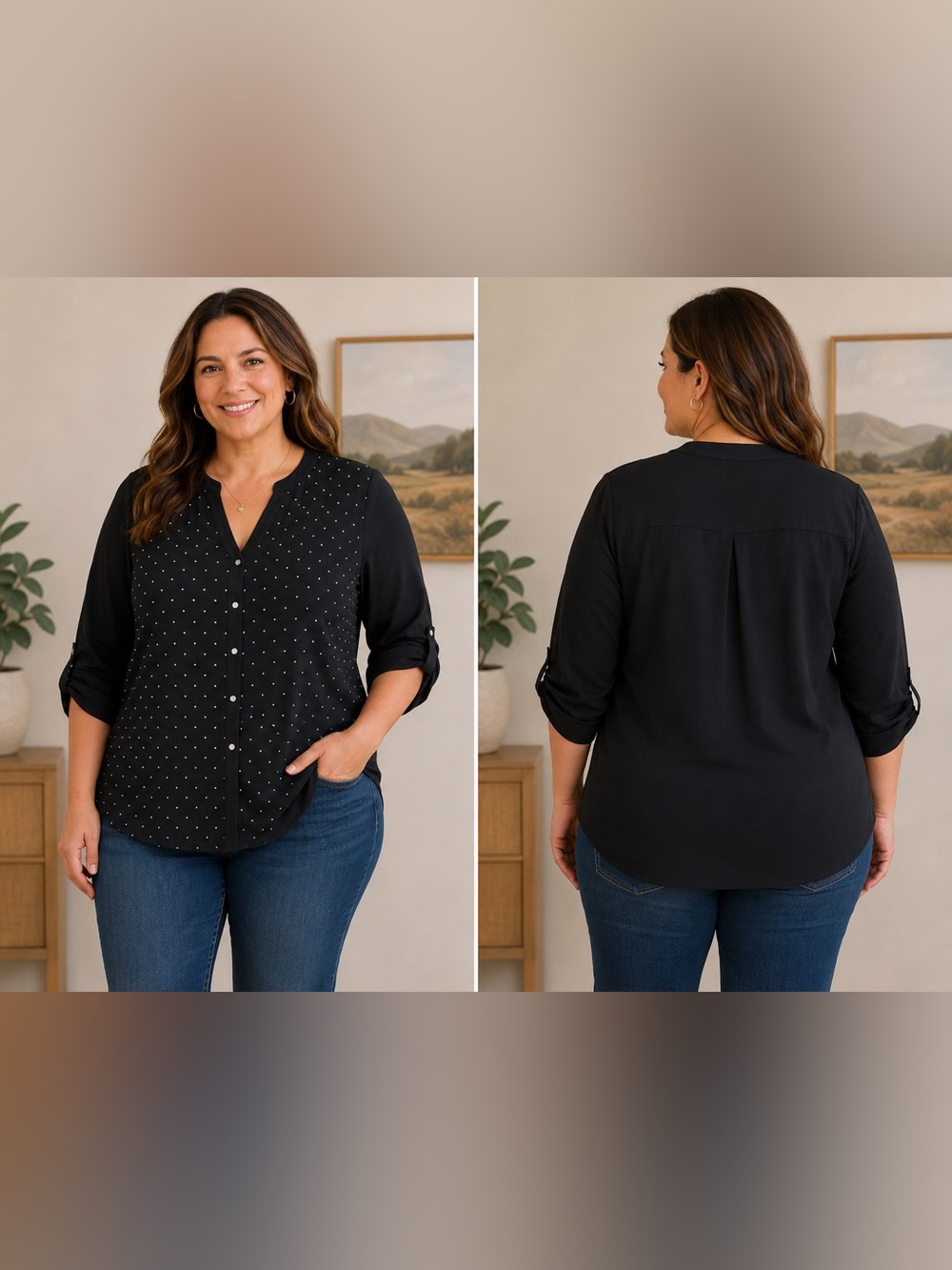 JM Collection Women’s Black Studded Button Front Blouse Roll Tab Sleeve Size 12